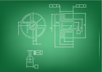 Machine-building drawings on a green background