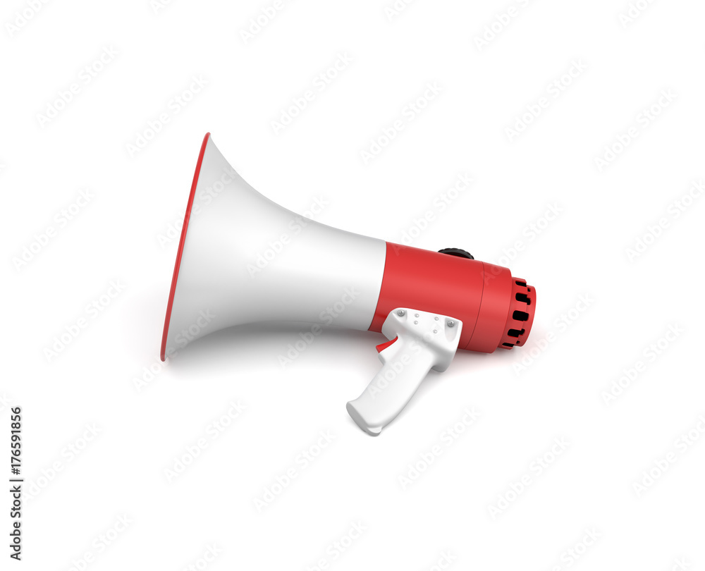Aufkleber 3d rendering of a single red and white megaphone lying in side view on white surface.