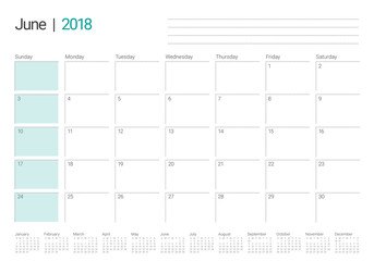 June 2018 calendar planner vector illustration