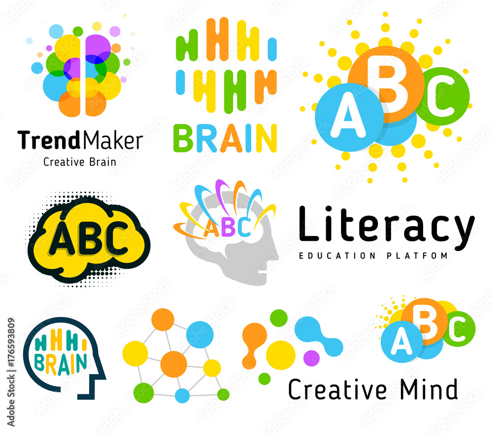 Poster creative brain. genius school. human development. skill up. linear vector logo set.