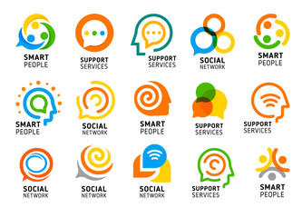 Social network for smart people with creative brain. Support services icon set. Colorful vector logo collection.