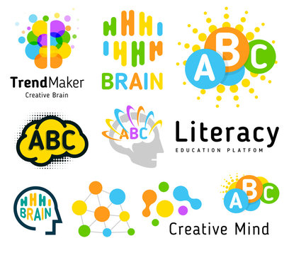 Creative brain. Genius school. Human development. Skill up. Linear vector logo set.