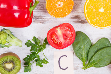 Fruits and vegetables as sources vitamin C, fiber and minerals, strengthening immunity and healthy eating concept