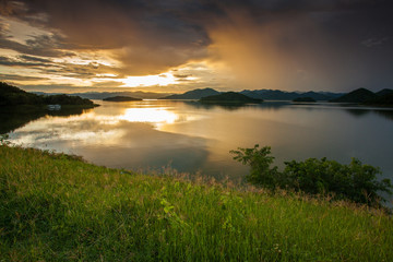 Sunset light and beautiful reflection on lake for beautiful nature