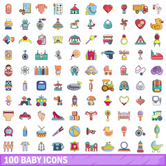 100 baby icons set, cartoon style 