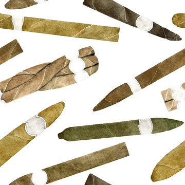 Cigars of different shapes and colors, hand painted watercolor illustration with handwritten inscription, seamless pattern design on white background