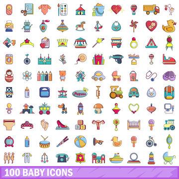 100 baby icons set, cartoon style 