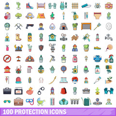 100 protection icons set, cartoon style 