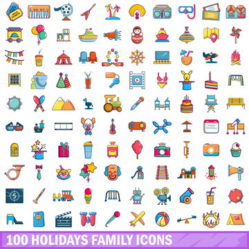 100 holidays family icons set, cartoon style 