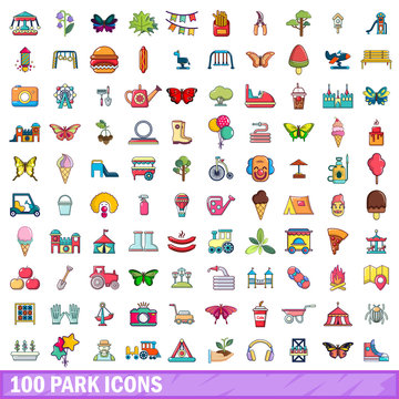 100 park icons set, cartoon style 