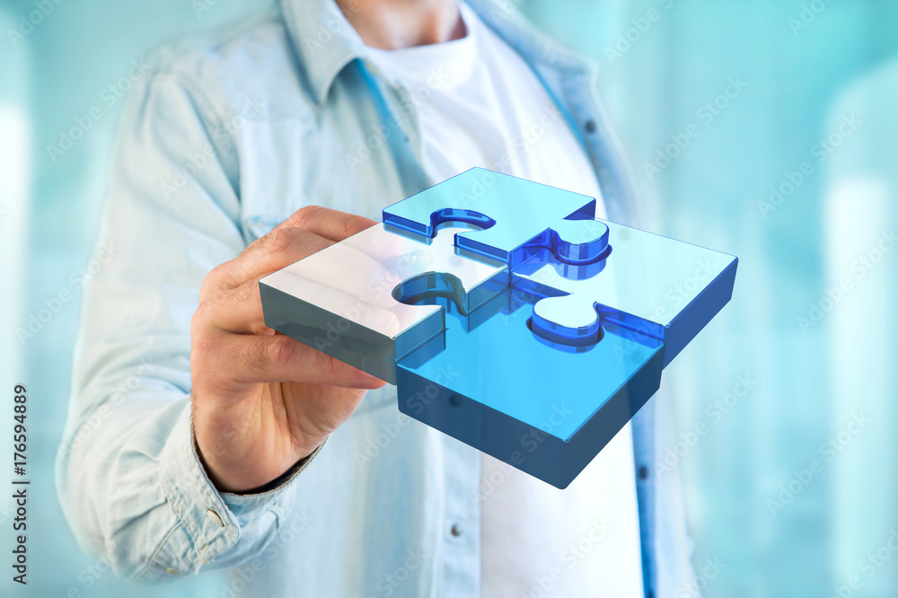 Poster four puzzle pieces making a logo on a futuristic interface - 3d rendering