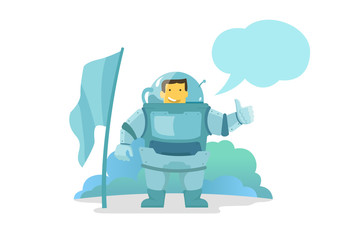 The astronaut shows the finger up. Place for text babl. The man in the spacesuit. Happy and smiling. Installed a flag on a new planet. Feels great and recommends you. Thumbs up.