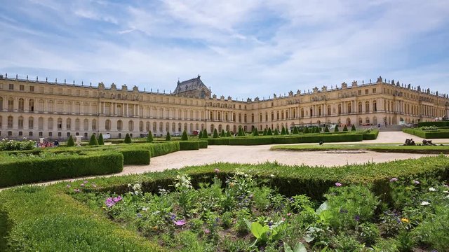 The Royal Palace in Versailles, garden view, panning video