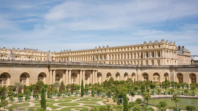 The Royal Palace in Versailles garden view, panning video