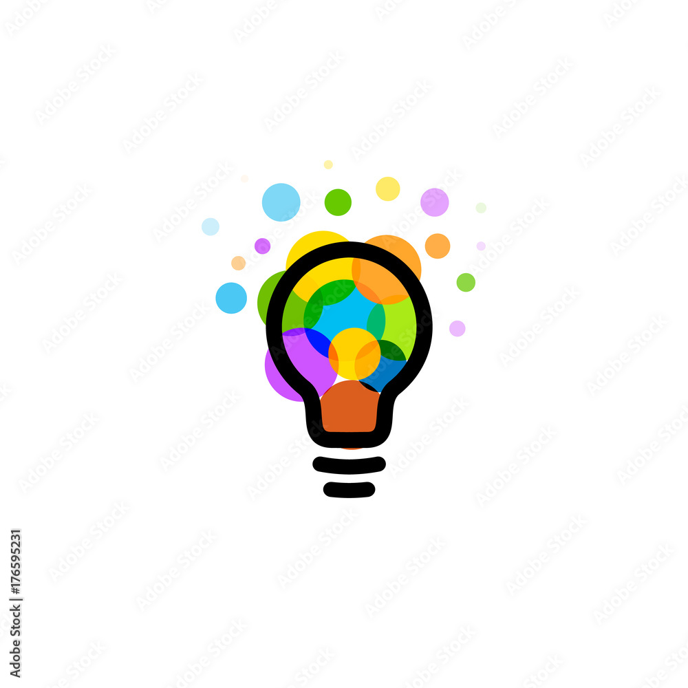 Poster lightbulb icon. creative idea logo design concept. bright colorful circles, bubbles vector art. solu