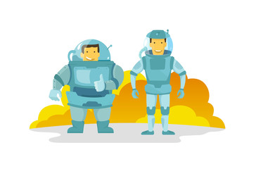 Two cosmonauts in the spacesuit., fat and thin. Shows the finger up. Happy and smiling. new planet.