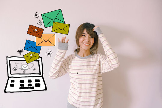 Young cute young Asian business woman with mail illustrator doodles - Digital Communication concept
