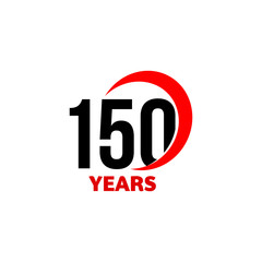 150th Anniversary abstract vector logo. One hundred fifty Happy birthday day icon. Black numbers in red arc with text 150 years.