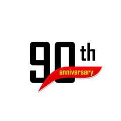 90th Anniversary abstract vector logo. Ninety Happy birthday day icon. Black numbers witth red boomerang shape with yellow text 90 years.