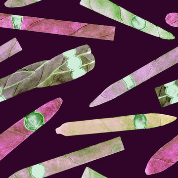 Cigars of different shapes and colors, hand painted watercolor illustration with handwritten inscription, seamless pattern design on black background