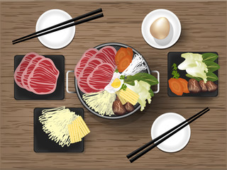 illustration vector of Japanese Sukiyaki with high-quality Japanese beef,egg, noodles and vegetables in traditional Hot Pot, sukiyaki graphic design concept