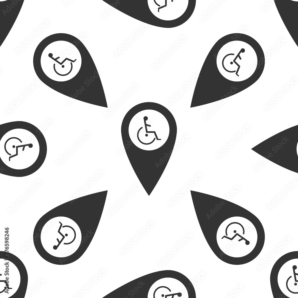 Poster disabled handicap icon in map pointer. invalid symbol icon seamless pattern on white background. fla