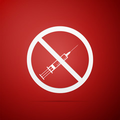 No syringe sign . No vaccine icon isolated on red background. Flat design. Vector Illustration