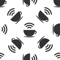 Cup of coffee shop with free wifi zone sign. Internet connection placard icon seamless pattern on white background. Flat design. Vector Illustration