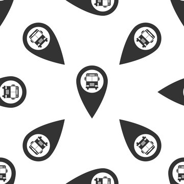 Map pointer with bus icon seamless pattern on white background. Flat design. Vector Illustration
