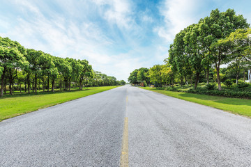 Fototapeta na wymiar asphalt road and green forest under the blue sky