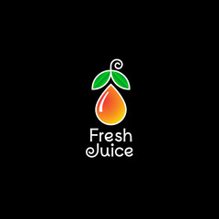 Fresh juice logo. Orange drop as a fruit with leaves and letters.
