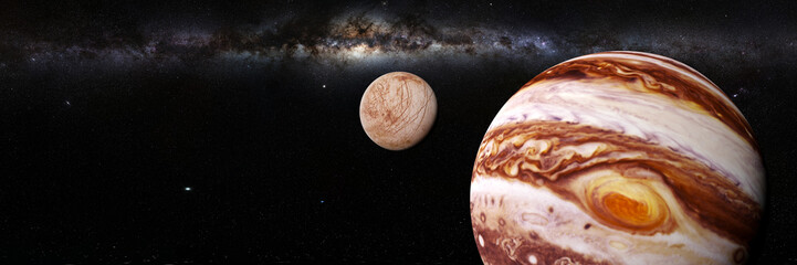 Jupiter's moon Europa and the planet Jupiter and the Milky Way galaxy  - obrazy, fototapety, plakaty