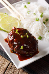 Japanese hambagu steak with rice vermicelli and lime closeup. vertical