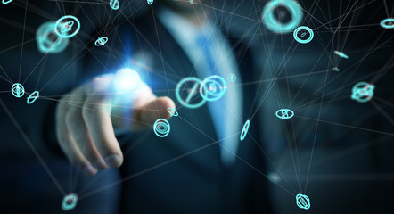 Businessman using flying network connection interface 3D rendering
