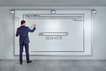Businessman drawing website page sketch on a board 3D rendering