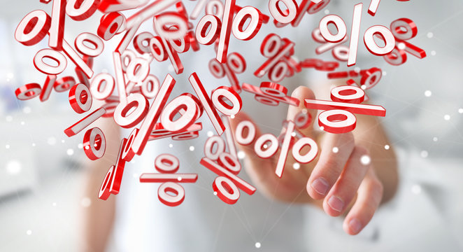 Businessman using white and red sales flying icons 3D rendering