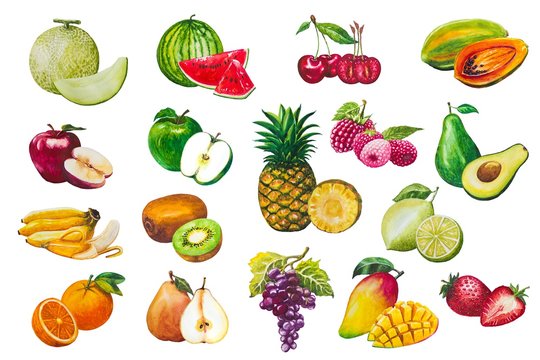 Fruits seamless pattern. A set of elements painted in watercolor. Background of fresh falling mixed fruits. Healthy food.Fruits on a white background isolated.