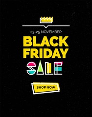 Black friday sale banner.Sale poster with geometric shapes.  Vector background in retro 80s, 90s memphis style.  Vector illustration.
