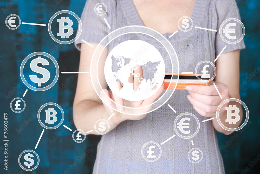 Poster businessman presses button map credit card web currency on virtual electronic user interface.