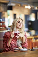 Portrait of young gorgeous female drinking tea and thoughtfully looking out of the coffee shop window