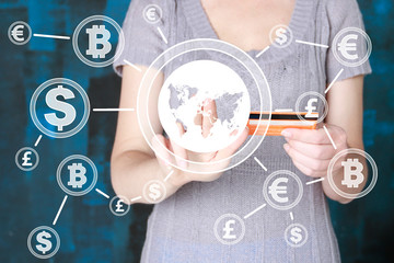 Businessman presses button map credit card web currency on virtual electronic user interface.