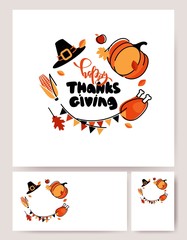 Set of Thanksgiving posters, banners, backgrounds, flyers. Holiday cute symbols and hand lettering. Vector illustration