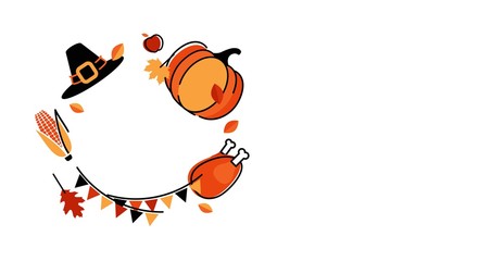 Thanksgiving poster, banner, background, flyer. Holiday cute symbols isolated on white. Vector illustration