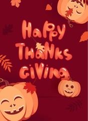 Happy Thanksgiving cartoon poster. Thanksgiving autumn background with leaves and pumpkins. Vector illustration.