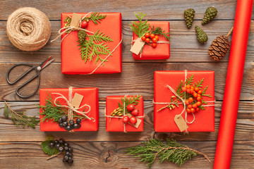 Christmas presents on wooden background
