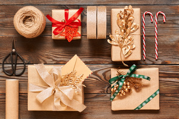 Christmas presents on wooden background