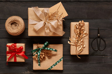 Christmas presents on wooden background