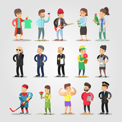Cartoon People Professions Set with Musician, Gardener, Fashion Designer, Teacher, Florist. Vector illustration