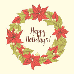 Merry Christmas Hand Drawn Greeting Card with Mistletoe Wreath and Holly Berries. Happy New Year Postcard. Vector illustration