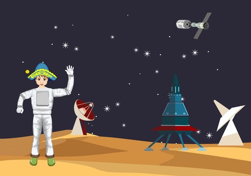 Spacemen and space background, planets, rockets, stars, vector